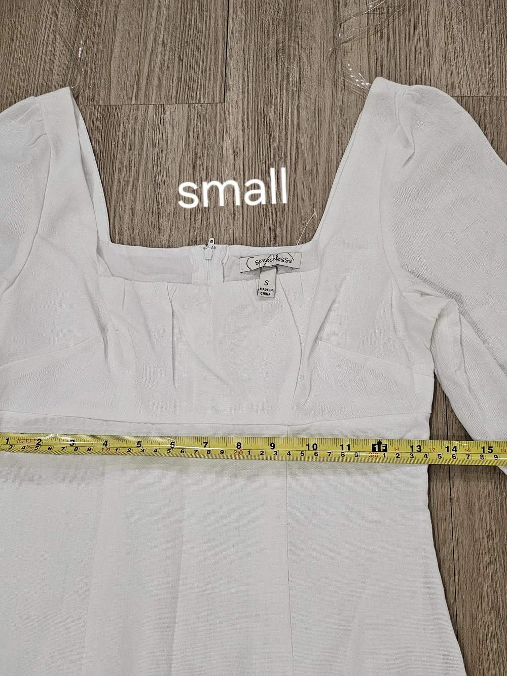 NWT Speechless White Linen Blend Long Puff Sleeve Square Neck Mini Dress in S&M - Picture 9 of 15
